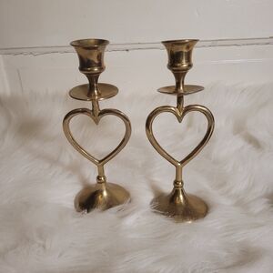 Vtg Brass Heart-Shaped Cottagecore Candle Holders